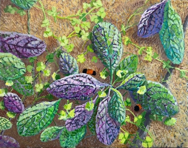 Ajuga with Woolly Bear painting by Jane Carr